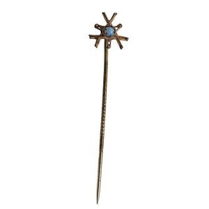 Vintage Gold Tone Stick Pin With Blue Opal Gemstone Accent Starburst Design